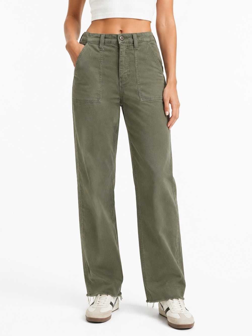 Mavi Shelia Olive Green Patch Pocket Raw Hem Utility Pants Size 25/29